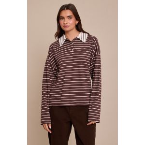 Femme Top oversize style rugby chocolat ray&eacute; &agrave; col repli&eacute; et manches longues | Taille 36 - Taille 36