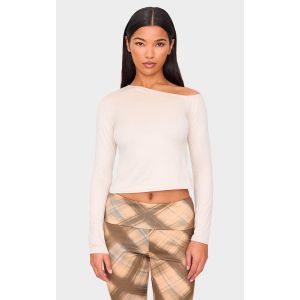 Top en suédine gris pierre à col asymétrique et manches longues, Gris Pierre - Taille 34