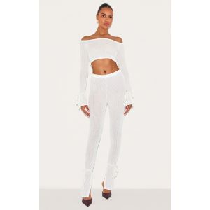 Legging côtelé doux crème transparent à ourlets fendus et détails noeuds, Crème - Taille 32