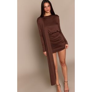 Femme Mini robe douce chocolat fronc&eacute;e &agrave; d&eacute;tail drap&eacute; | Taille 38 - Taille 38