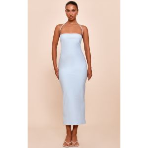Robe de tailleur mi-longue tissée bleu ciel à dos nu, Bleu Ciel - Taille 34