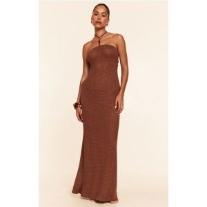 Robe de plage longue en maille style crochet café au lait à dos nu et empiècements perles, Café au Lait - Taille L