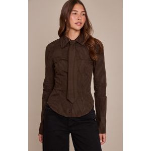 Femme Chemise ajust&eacute;e marron &agrave; carreaux et d&eacute;tail cravate | Taille 38 - Taille 38