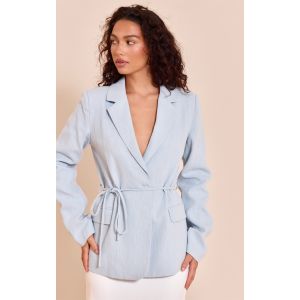 Blazer en effet lin bleu clair à taille nouée, Bleu Clair - Taille 36