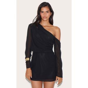 Robe noire en mousseline de soie asymétrique froncée et trapèze, Noir - Taille 40