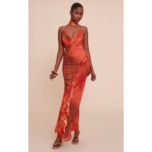 Robe longue en mousseline de soie imprimé rouge volantée à bretelles fines, Rouge - Taille 32