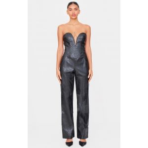 Combinaison droite bustier en PU effet croco noir à décolleté plongeant, Noir - Taille 32