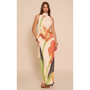 Robe longue en mousseline de soie crème fleurie à col montant, Crème - Taille 42