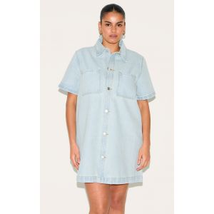 Femme Plus Robe chemise en jean bleu clair à coutures contrastantes | Taille 44 - Taille 44