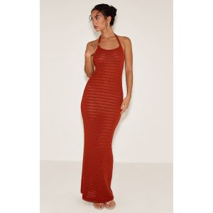 Robe longue en maille style crochet rouille à dos nu et empiècement sur la bretelle, Rouille - Taille M