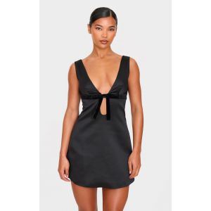 Femme Robe trap&egrave;ze satin&eacute;e noire &agrave; d&eacute;tail noeud | Taille 42 - Taille 42