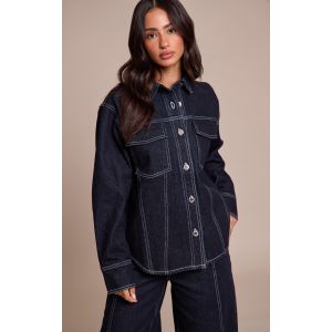 Femme Petite Veste chemise en jean indigo &agrave; lis&eacute;r&eacute;s contrastants | Taille 42 - Taille 42