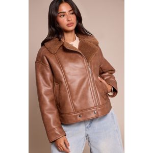 Femme Petite Aviateur en PU marron &agrave; col en imitation mouton | Taille Medium - Taille M