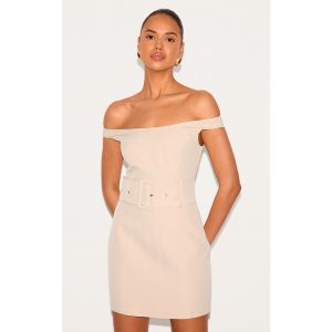 Femme Mini robe tissée amande à épaules dénudées et ceinture | Taille 44 - Taille 44