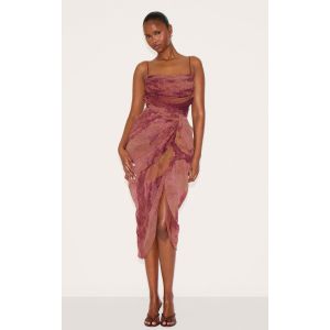 Femme Robe mi-longue en mousseline de soie violet fonc&eacute; imprim&eacute; abstrait fronc&eacute;e &agrave; d&eacute;tail drap&eacute; | Taille 40 - Taille 40