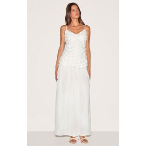 Robe longue crème à taille tombante et fleurs, Crème - Taille 42