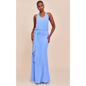 Robe longue en mousseline doublée bleu vif à dos nu et col goutte d'eau, Bleu Vif - Taille 44