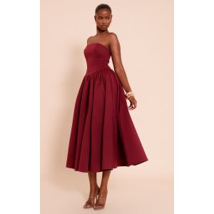 Femme Robe bustier mi-longue patineuse tiss&eacute;e bordeaux fronc&eacute;e | Taille 44 - Taille 44