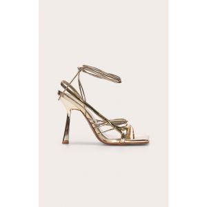 Sandales carrées en PU doré à talon haut et brides asymétriques lacées, Doré - Taille 40