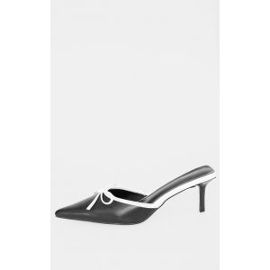 Mules pointues style escarpins en PU noir et blanc à talon mi-haut et détail noeud blanc, Noir & Blanc - Taille 36