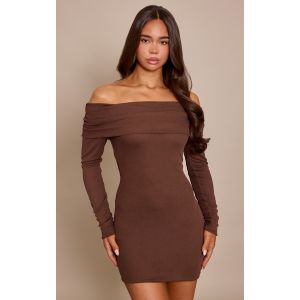 Femme Mini robe moulante textur&eacute;e chocolat &agrave; col bardot et manches longues | Taille 36 - Taille 36