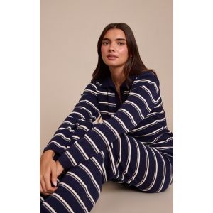 Femme Top style rugby en maille tricot bleu marine ray&eacute; | Taille Large - Taille L