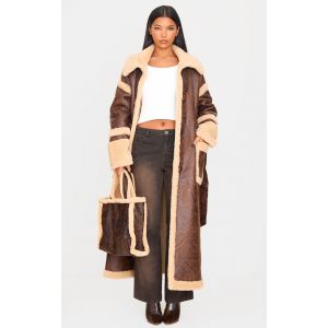 Manteau en PU marron effet vintage à parties en imitation mouton, Marron - Taille L