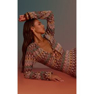 Robe de plage longue en jacquard multicolore à manches longues, Multicolore - Taille L