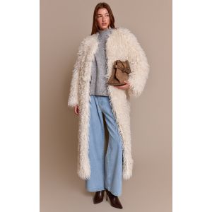 Femme Manteau long en fausse fourrure de Mongolie crème sans revers | Taille Large - Taille L