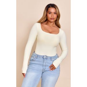 Femme Shape Body manches longues en Sculpt cr&egrave;me au beurre &agrave; soutien-gorge int&eacute;gr&eacute; et col carr&eacute; Jaune p&acirc;le | Taille 48 - Taille 48