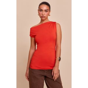 Femme Top long asym&eacute;trique moulant rouge tomate &agrave; d&eacute;tails fronc&eacute;s | Taille 36 - Taille 36
