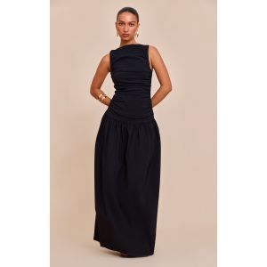 Robe longue tissée stretch noire froncée à taille tombante, Noir - Taille 32