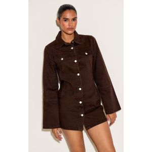 Femme Robe chemise en jean chocolat foncé à manches longues et lisérés surjetés | Taille 34 - Taille 34