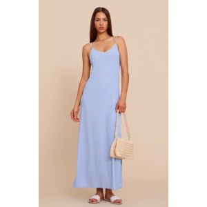 Robe longue texturée bleue sans manches à décolleté, Bleu - Taille 42