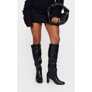 Femme Bottes hautes en PU noir &agrave; talon haut carr&eacute; et bout rond d&eacute;tail coutures | Taille 41 - Taille 41