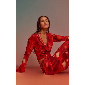 Femme Top de plage cache-coeur en mousseline de soie imprimée rouge | Taille XS - Taille XS