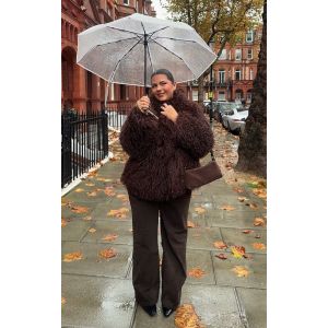 Femme Manteau mi-long en fausse fourrure de Mongolie chocolat Grande Taille | Taille 46 - Taille 46