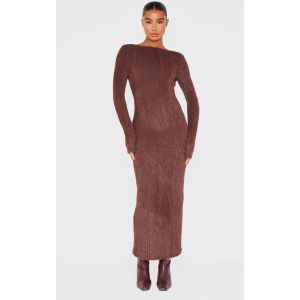 Robe longue en maille duveteuse chocolat à dos échancré, Chocolat - Taille 40