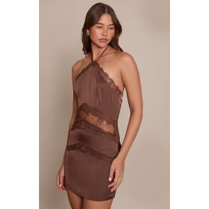 Femme Mini robe satin&eacute;e chocolat &agrave; dos nu et d&eacute;tails en dentelle | Taille 34 - Taille 34