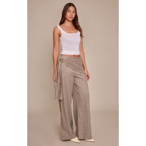 Femme Pantalon large tiss&eacute; gris champignon &agrave; partie drap&eacute;e en dentelle | Taille 38 - Taille 38