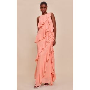 Femme Robe longue pêche sans manches à col bateau et volants | Taille 38 - Taille 38