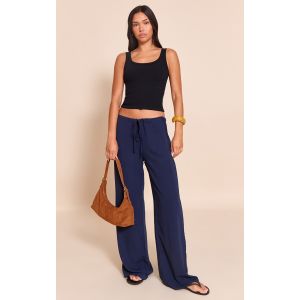 Pantalon fluide bleu marine à taille fine et cordons ajustables, Bleu Marine - Taille 32