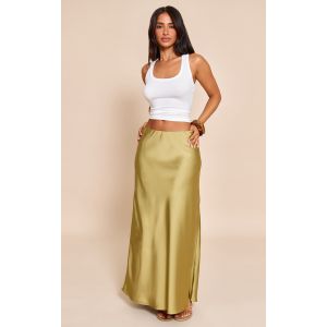 Petite Jupe longue fluide satinée kaki, Kaki - Taille XS