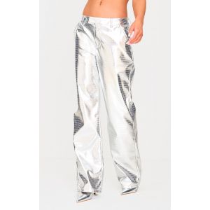Pantalon en PU argenté métallisé effet croco, Argenté - Taille 32