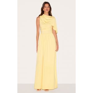 Robe longue jaune citron froncée à partie superposée, Jaune Citron - Taille 34
