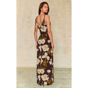 Robe longue en mousseline de soie chocolat fleurie à col bénitier, Chocolat - Taille 44