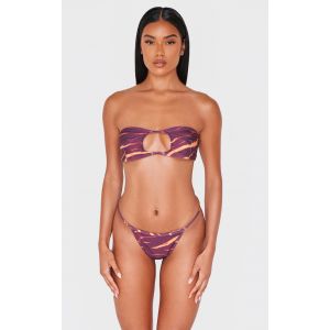Haut de maillot de bain bandeau bordeaux imprimé abstrait à découpe, Bordeaux - Taille 44