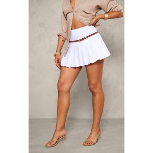 Femme Mini jupe tiss&eacute;e stretch pliss&eacute;e blanche &agrave; d&eacute;tail ceinture | Taille 32 - Taille 32
