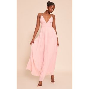 Femme Robe longue en mousseline de soie rose p&acirc;le pliss&eacute;e &agrave; bretelles fines et d&eacute;tail ceinture | Taille 32 - Taille 32