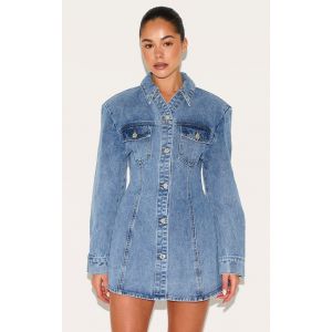 Femme Robe chemise en jean bleu moyen délavé à taille cintrée | Taille 32 - Taille 32